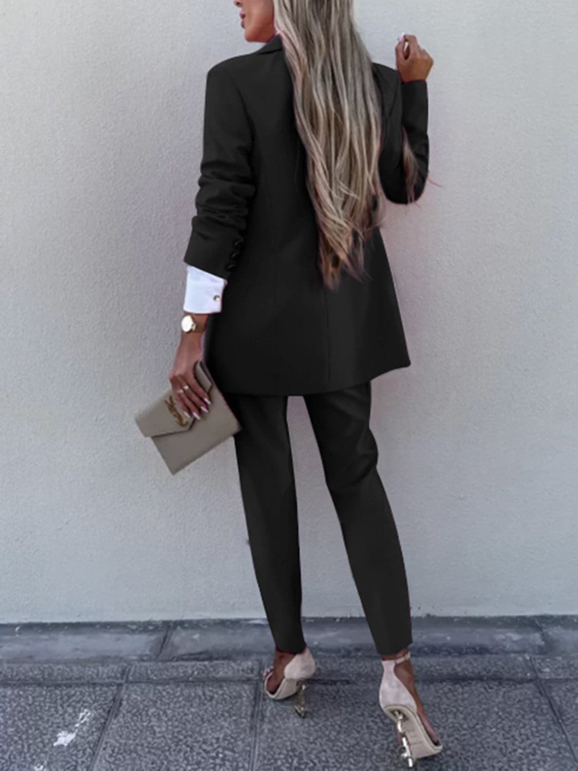 Lapel Collar Long Sleeve Blazer and Pants Set.