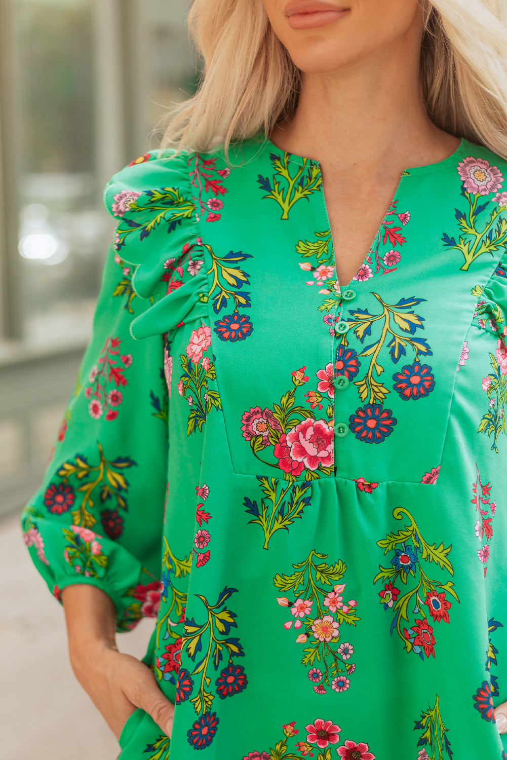 Premium Green Floral Ruffled Three Quarter Sleeve Buttoned Dress Dear-Lover Dropshipping