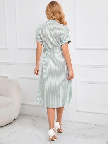 Striped Short Sleeve Tie Waist Midi Dress.