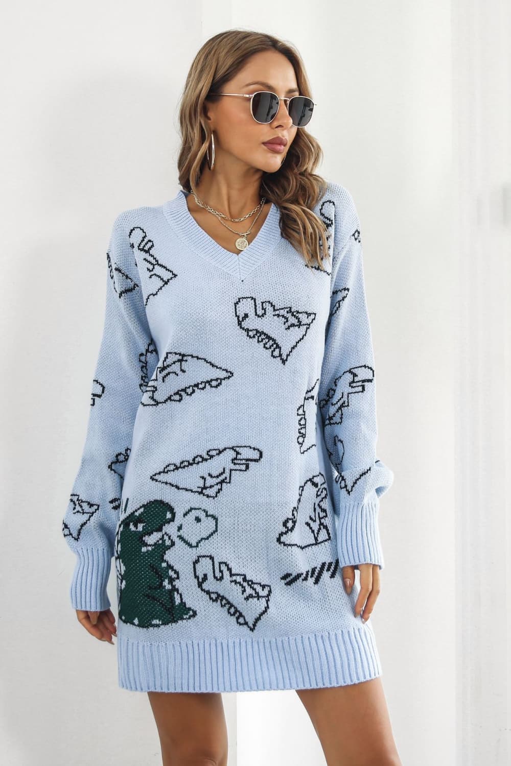 Dinosaur Pattern V-Neck Sweater Dress.