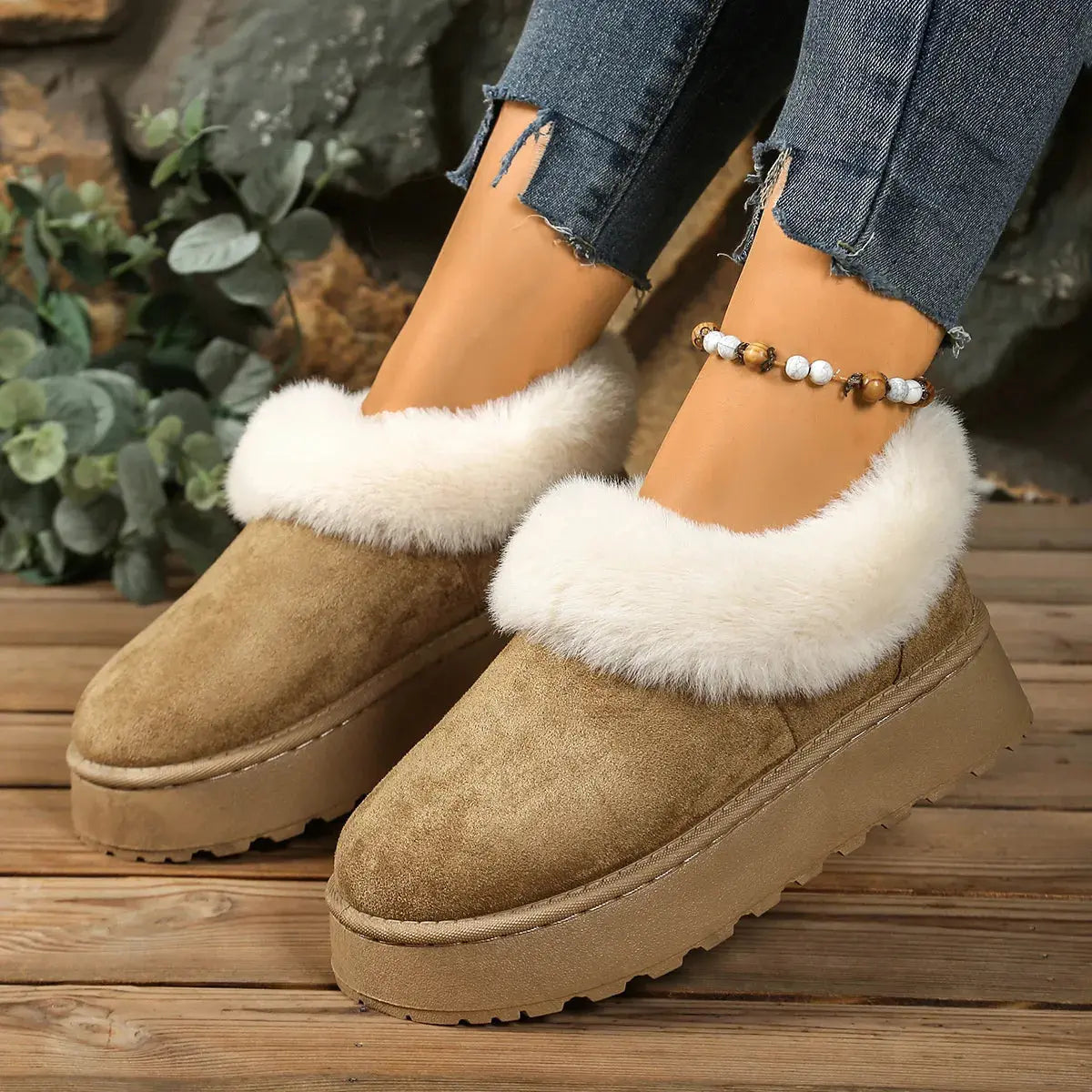 Fuzzy Trim Round Toe Platform Boots Simply Love