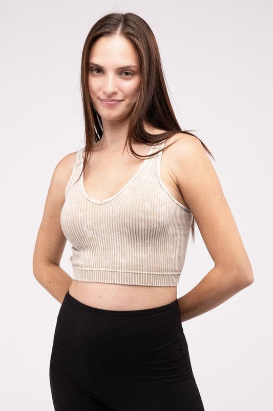 Washed Ribbed Cropped V-Neck Tank Top.