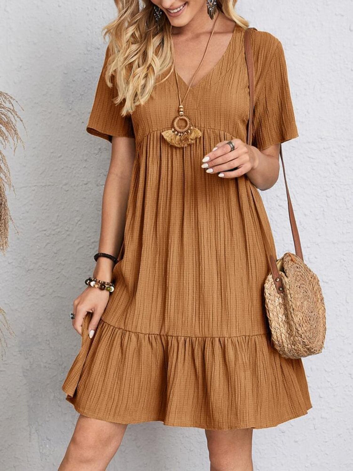 Full Size V-Neck Short Sleeve Dress.