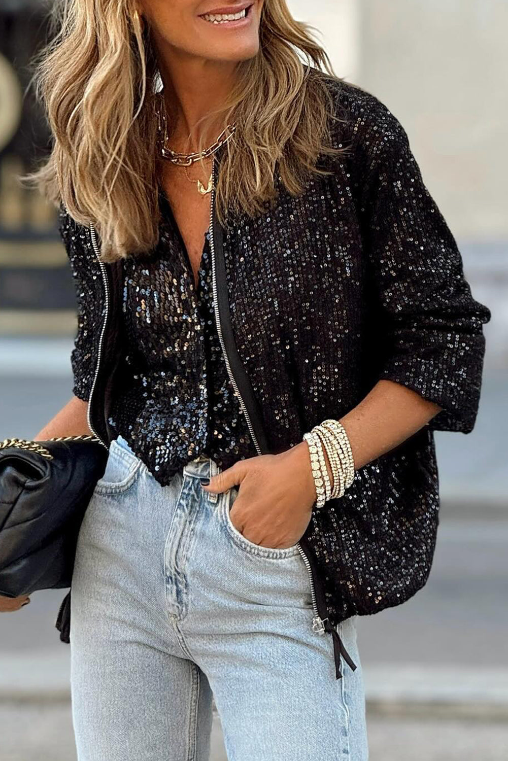 Glamorous black sequin zip-up jacket with long sleeves