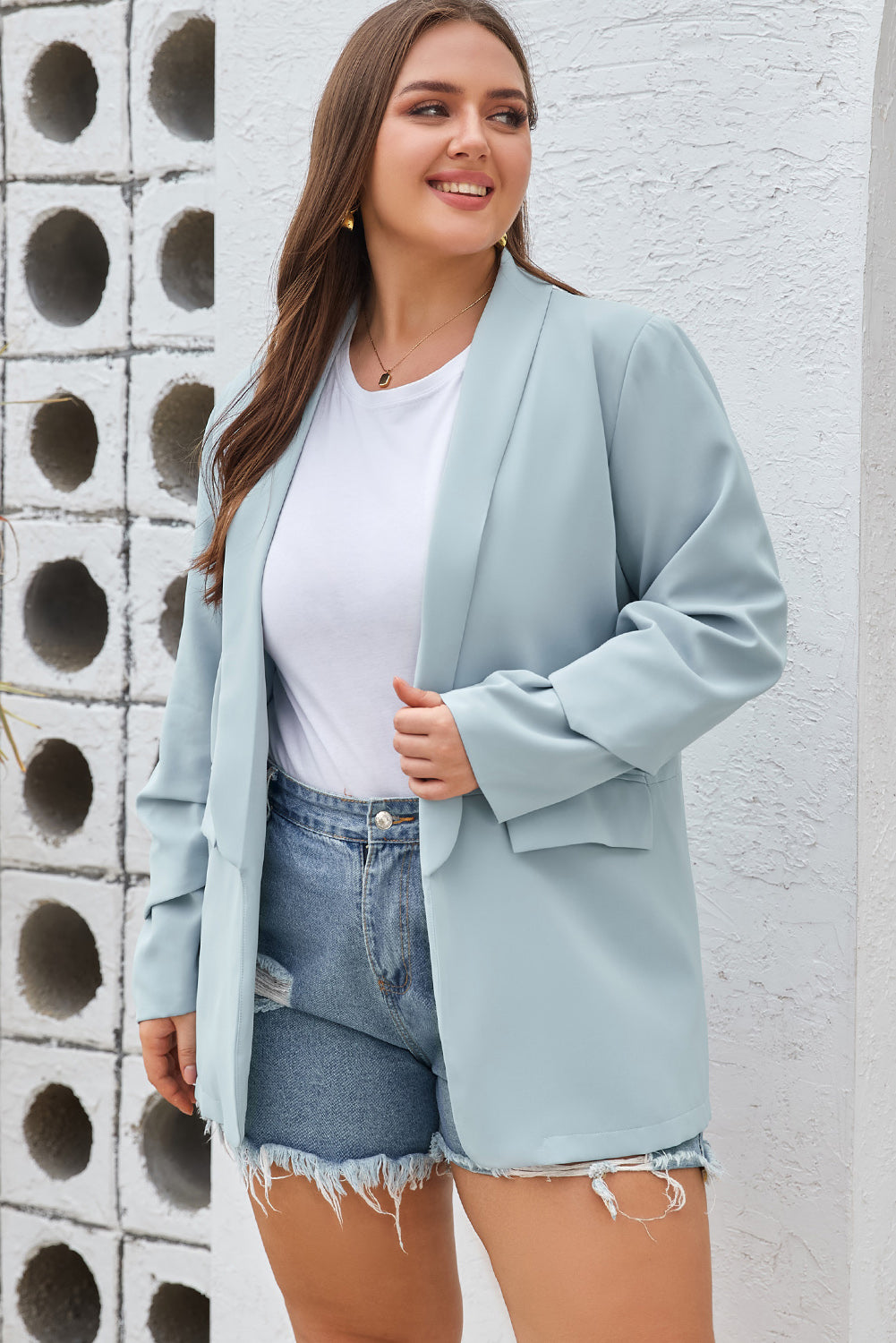 Chic sky blue plus size lapel blazer with pockets for effortless elegance