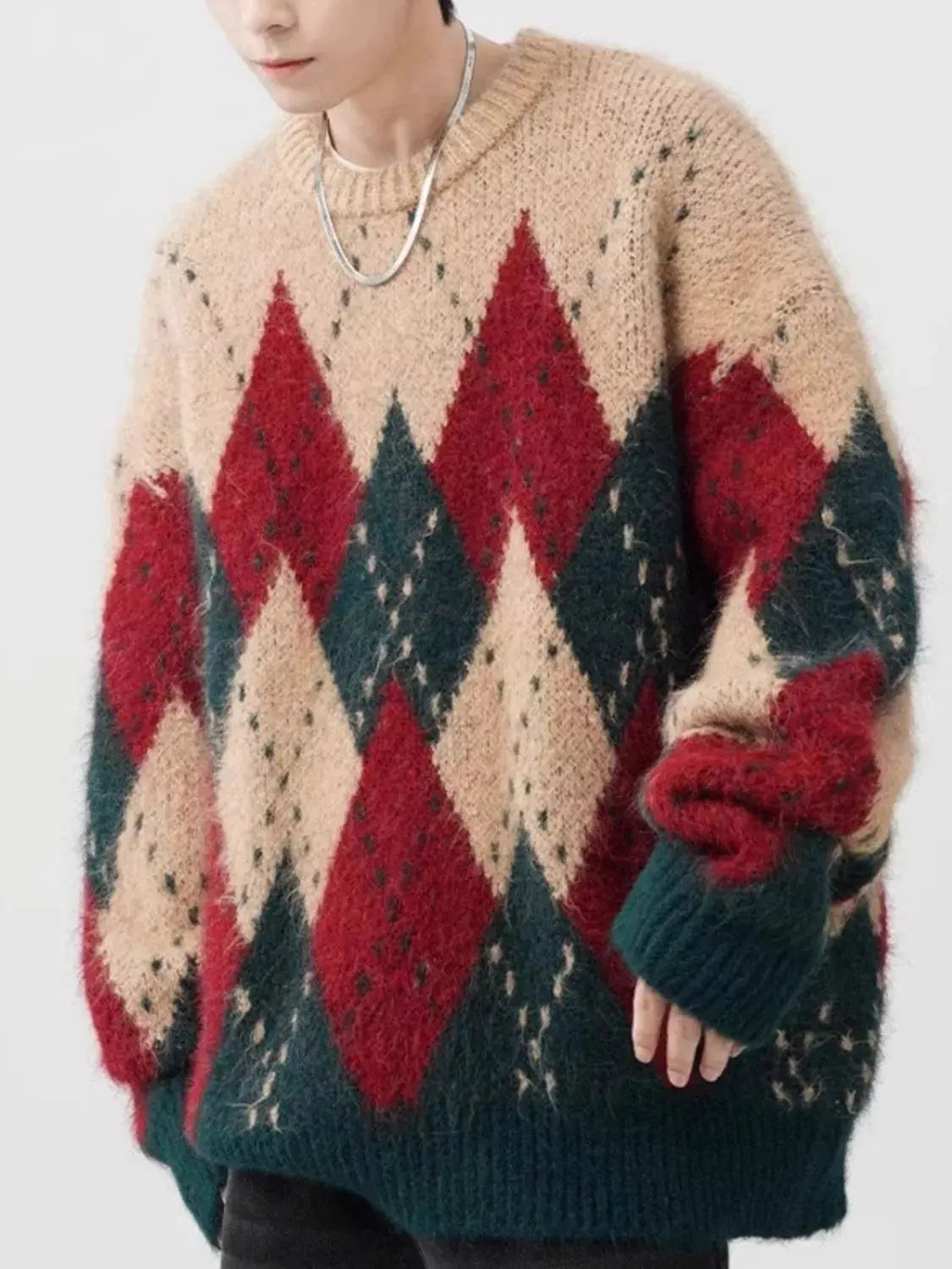 Men's Plus Size Argyle Knit Round Neck Sweater Simply Love