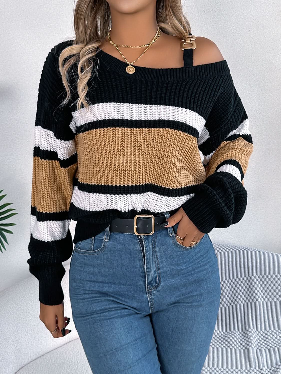 Chic color block asymmetrical neck sweater with long sleeves