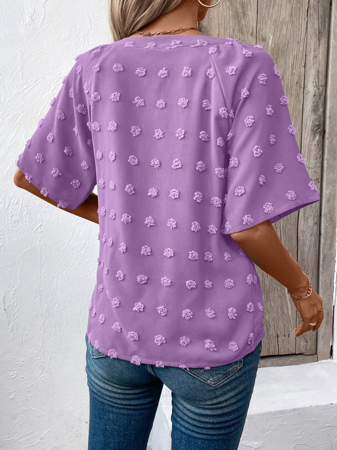 Swiss Dot Notched Half Sleeve Blouse.