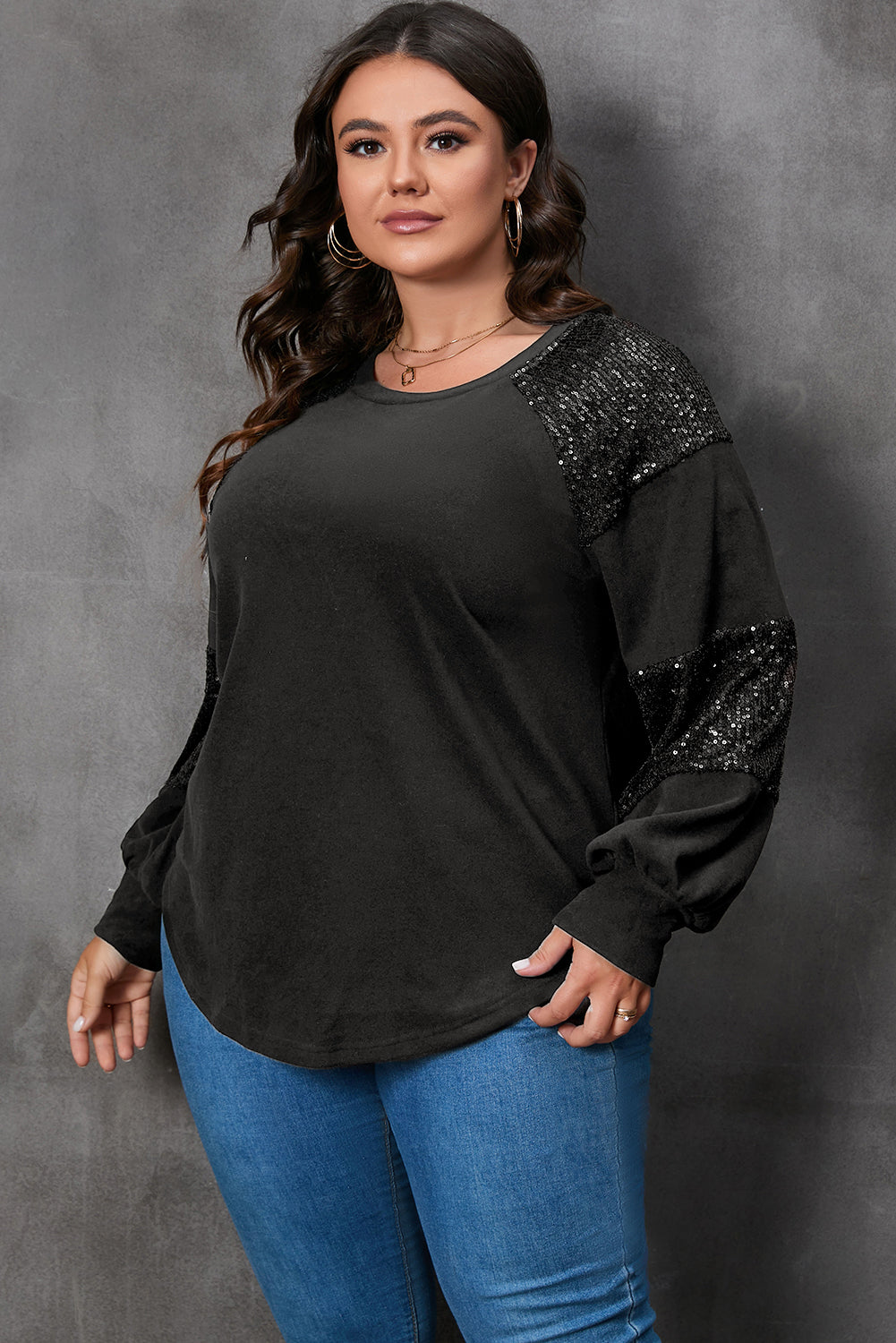 Glamorous black plus size sequin patchwork long sleeve top