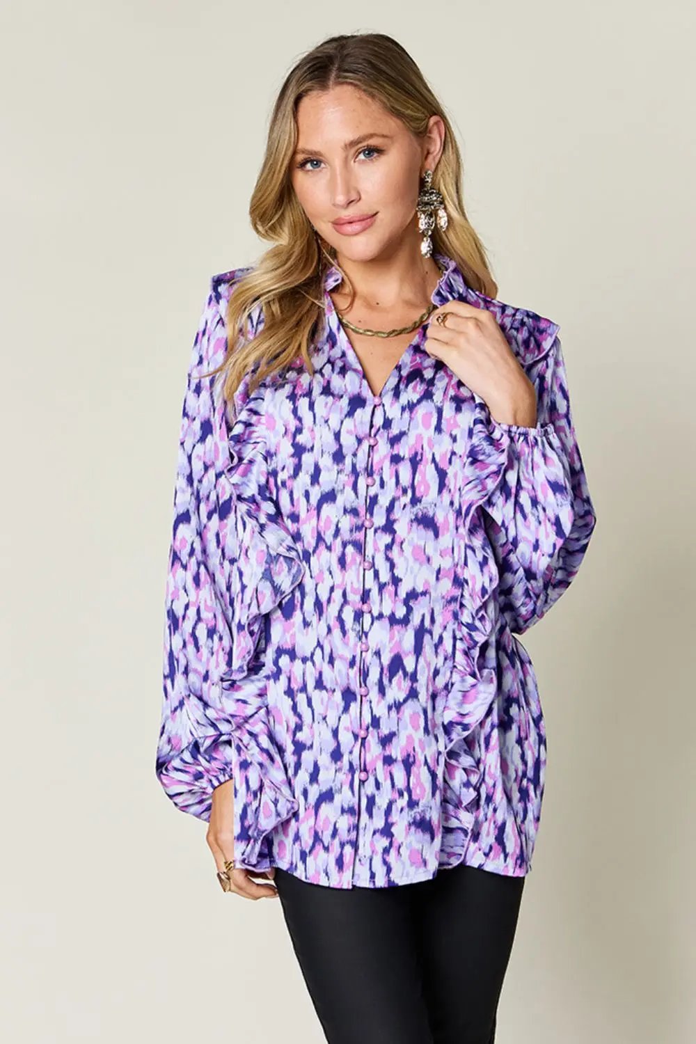 Double Take Full Size Printed Ruffle Trim Balloon Sleeve Shirt - Love Salve