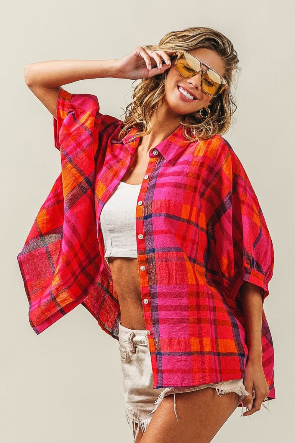 BiBi Button Up Dolman Sleeve Plaid Shirt.