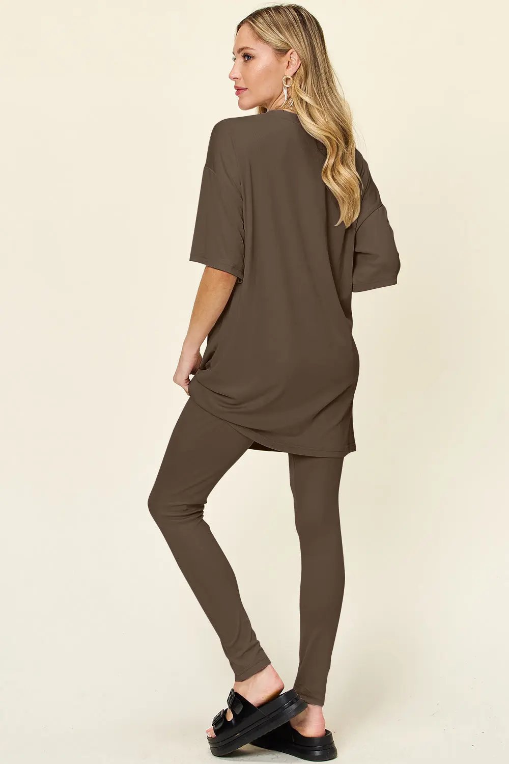 Double Take Full Size Round Neck Dropped Shoulder T-Shirt and Leggings Set - Love Salve