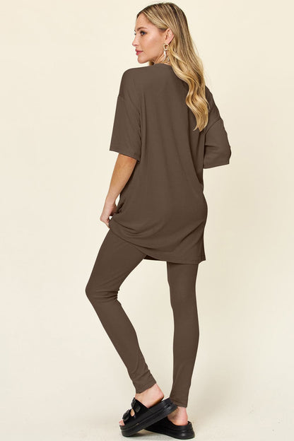 Double Take Full Size Round Neck Dropped Shoulder T-Shirt and Leggings Set.