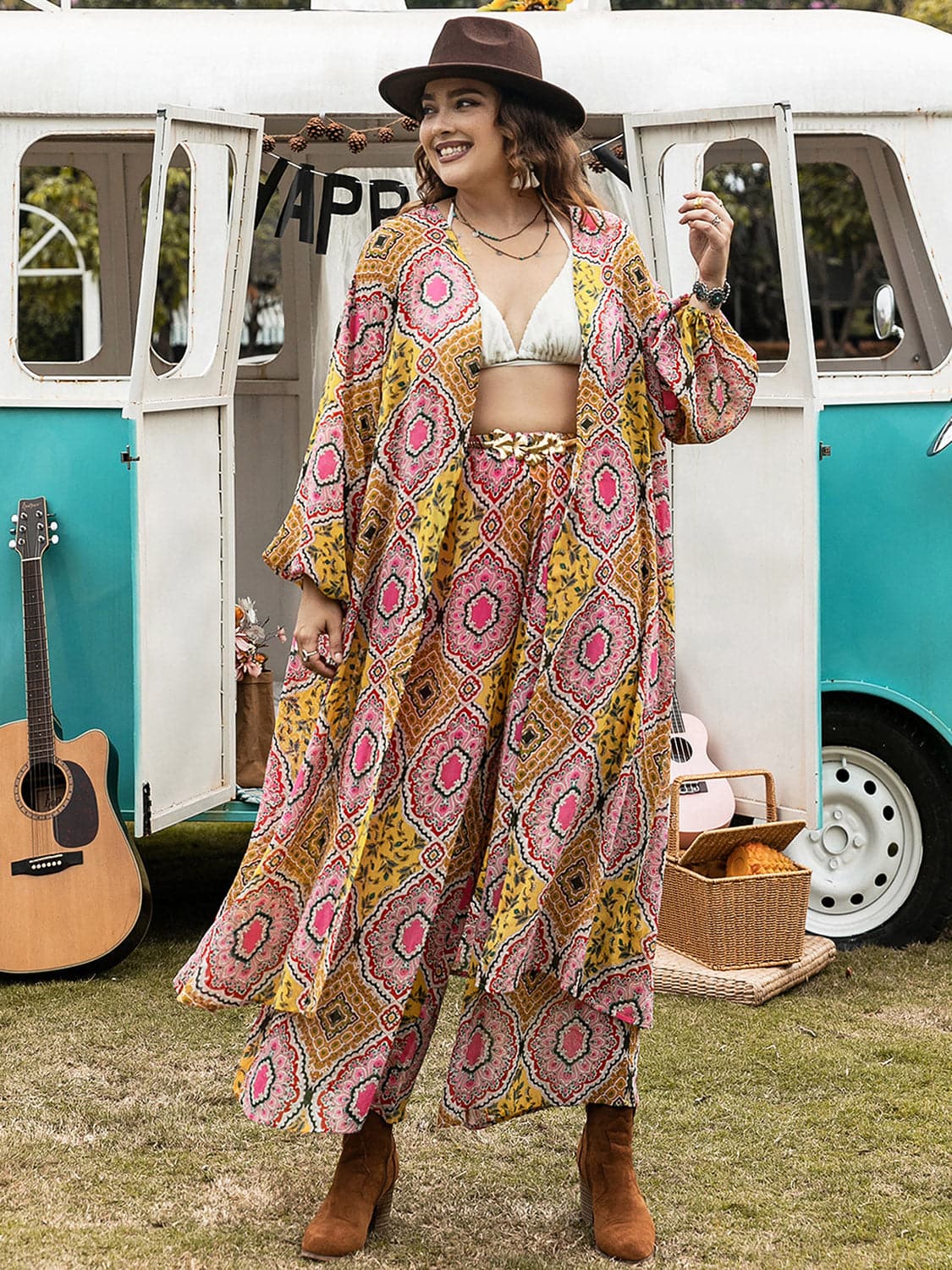 Plus Size Printed Open Front Cover Up and Pants Set.