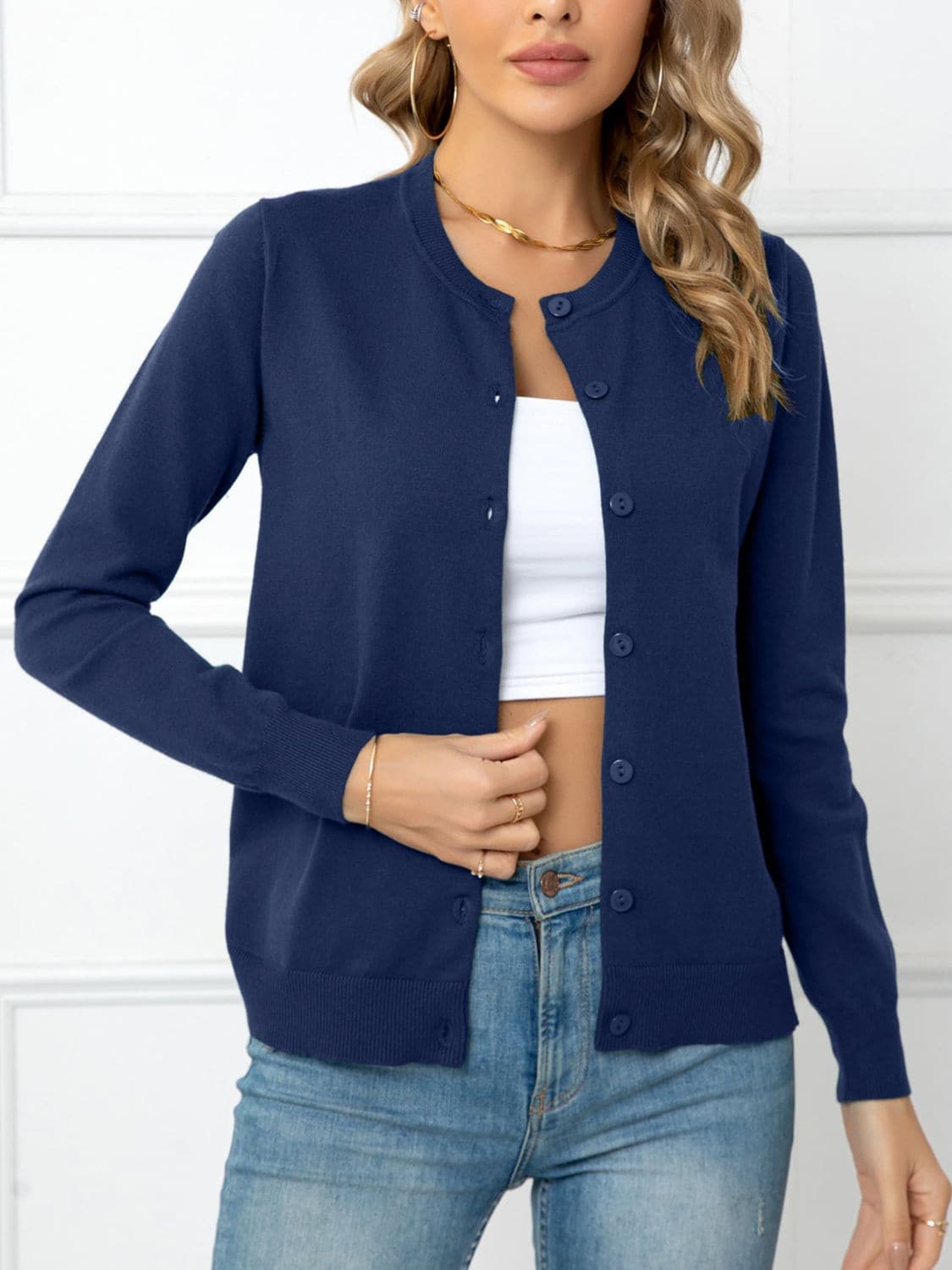 Button Down Round Neck Cardigan.