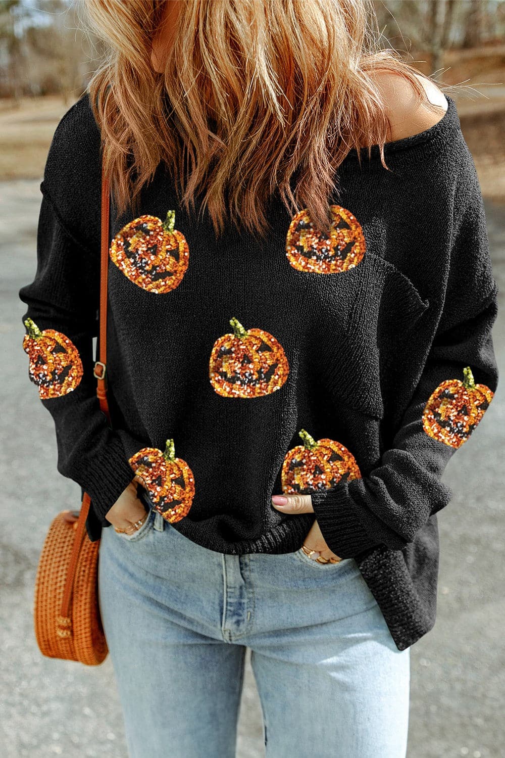 Sparkling pumpkin knit top with long sleeves