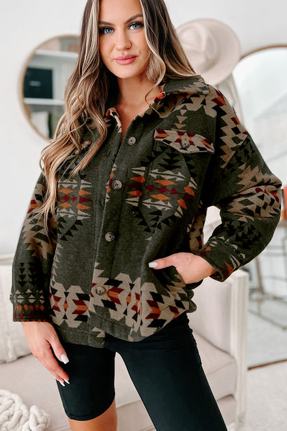 Chic green Aztec print long sleeve shacket with flap pockets