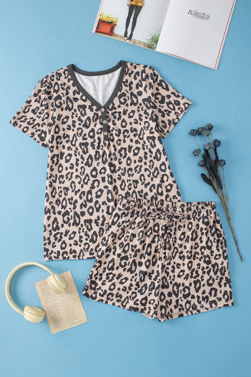 Leopard V-Neck Top and Shorts Set.