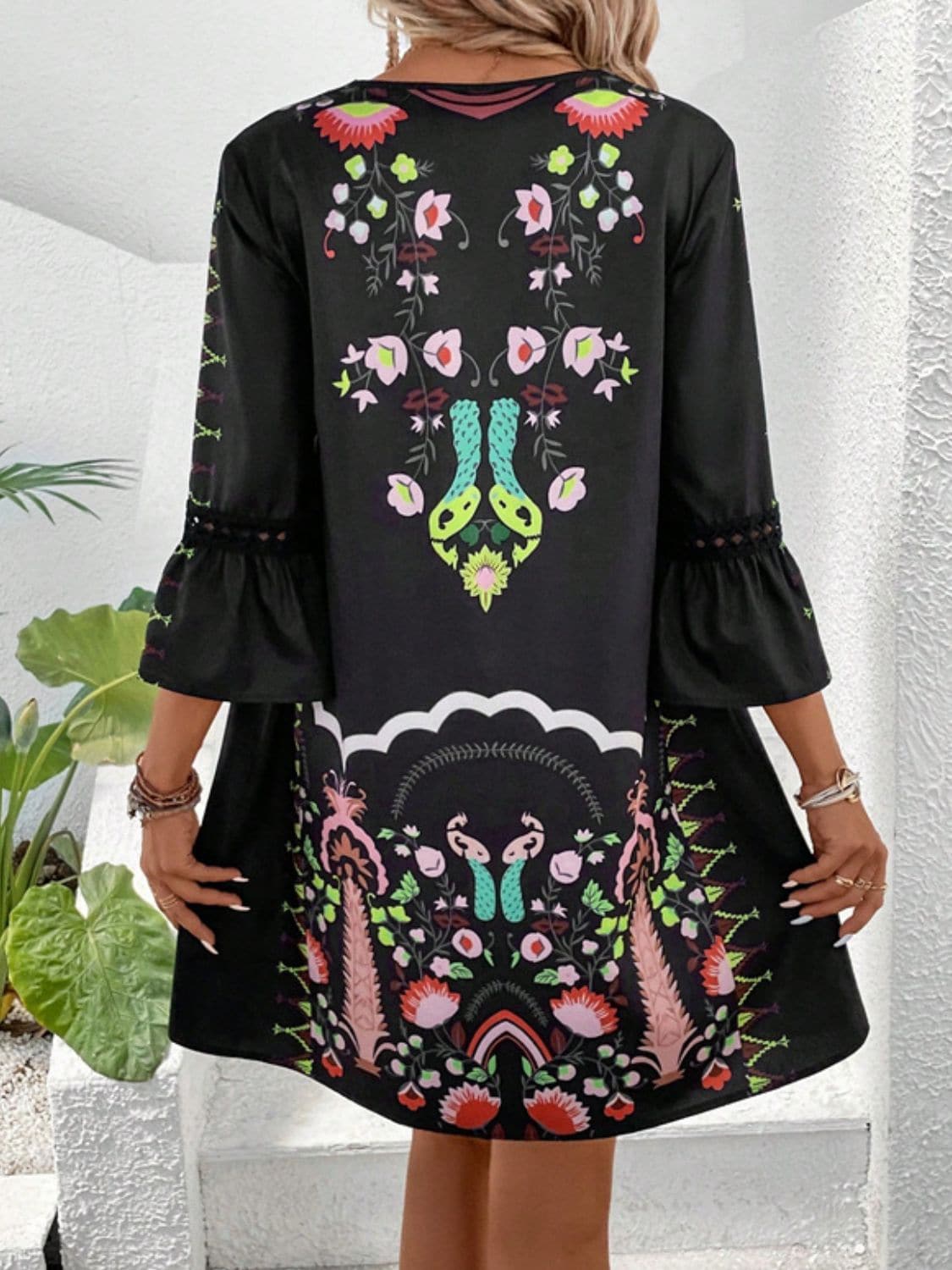 Lace Detail Printed Three-Quarter Sleeve Dress.