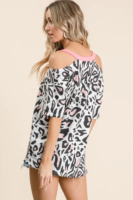 BiBi Leopard Print Top with Shoulder Cut Out - Love Salve 