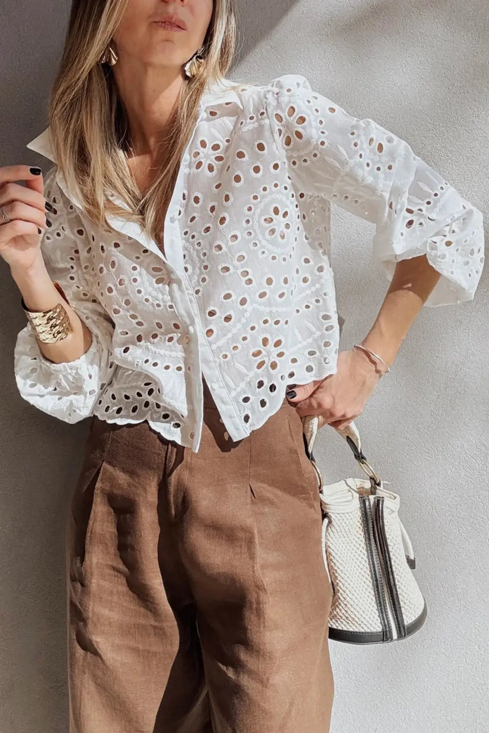 White Eyelet Embroidered Puff Sleeve Cropped Shirt For Women Dear-Lover Dropshipping