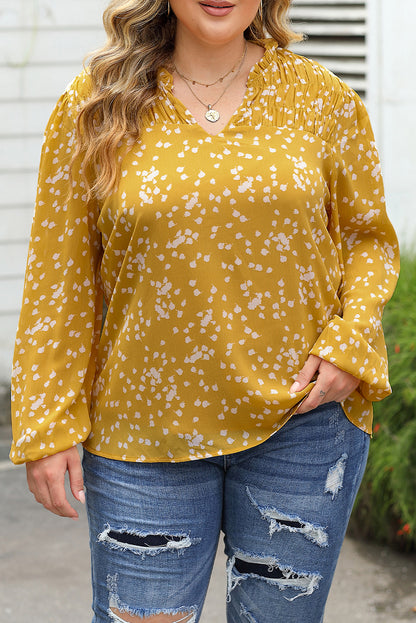 Floral elegance: Yellow plus size blouse with ruched details