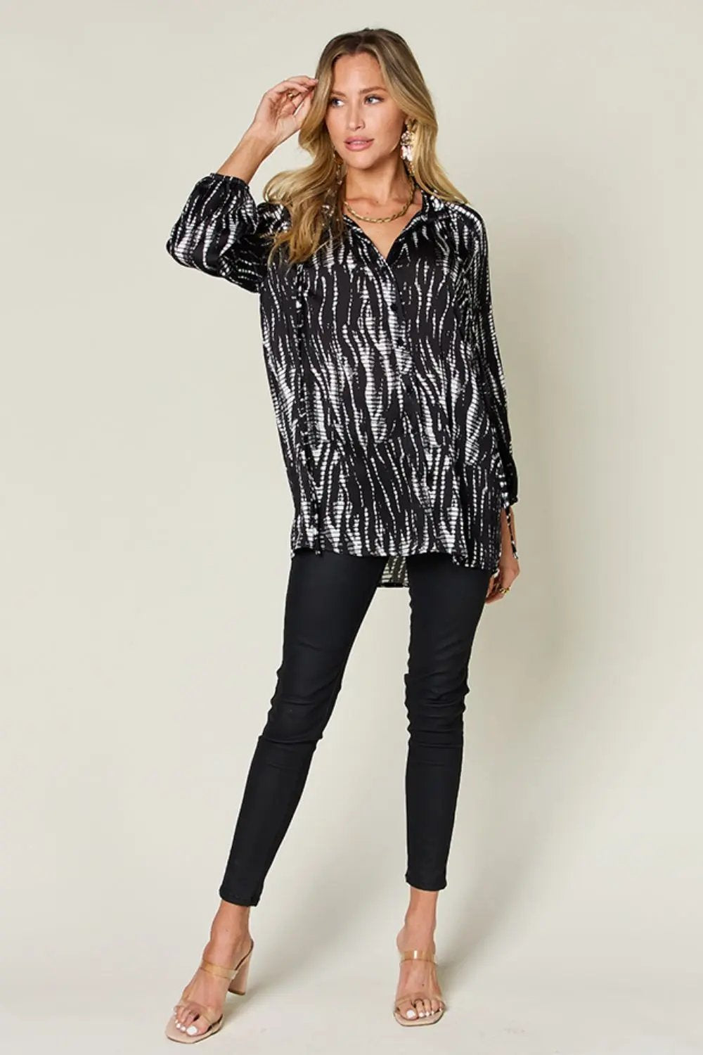 Double Take Full Size Printed Button Up Long Sleeve Shirt - Love Salve