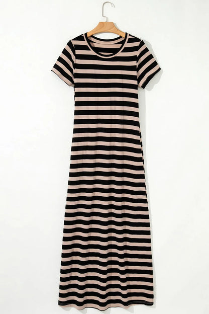 Stripe Casual Round Neck Tee Dress with Pockets