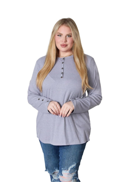 Heimish Full Size Texture Half Button Long Sleeve Top.