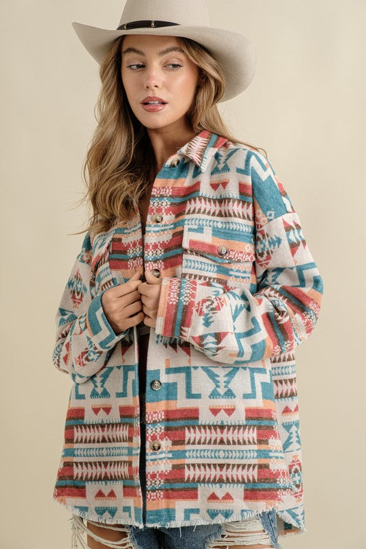 Boho Aztec Frayed Shacket