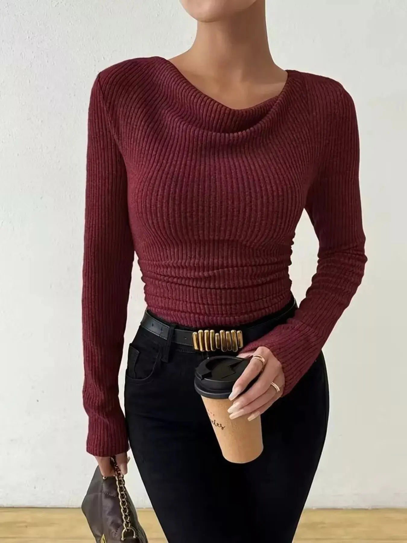 Cowl Neck Ribbed Knit Top Simply Love