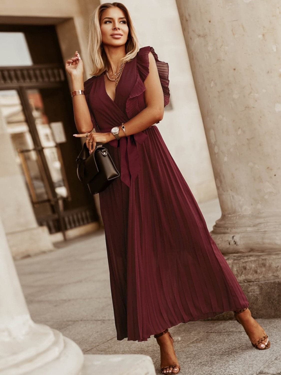 Tied Surplice Cap Sleeve Pleated Dress.