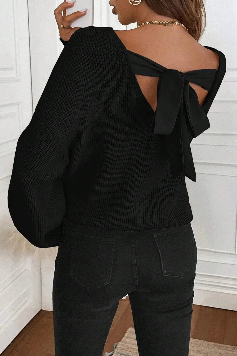 Black Ribbed Knit Backless Knot Drop Shoulder Sweater Dear-Lover Dropshipping