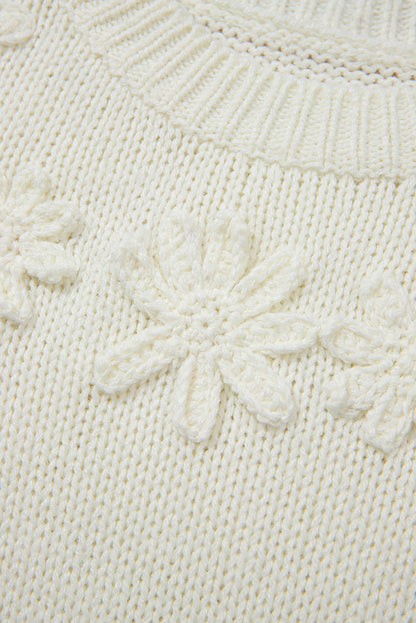 White Flower Round Neck Textured Puff Sleeve Sweater