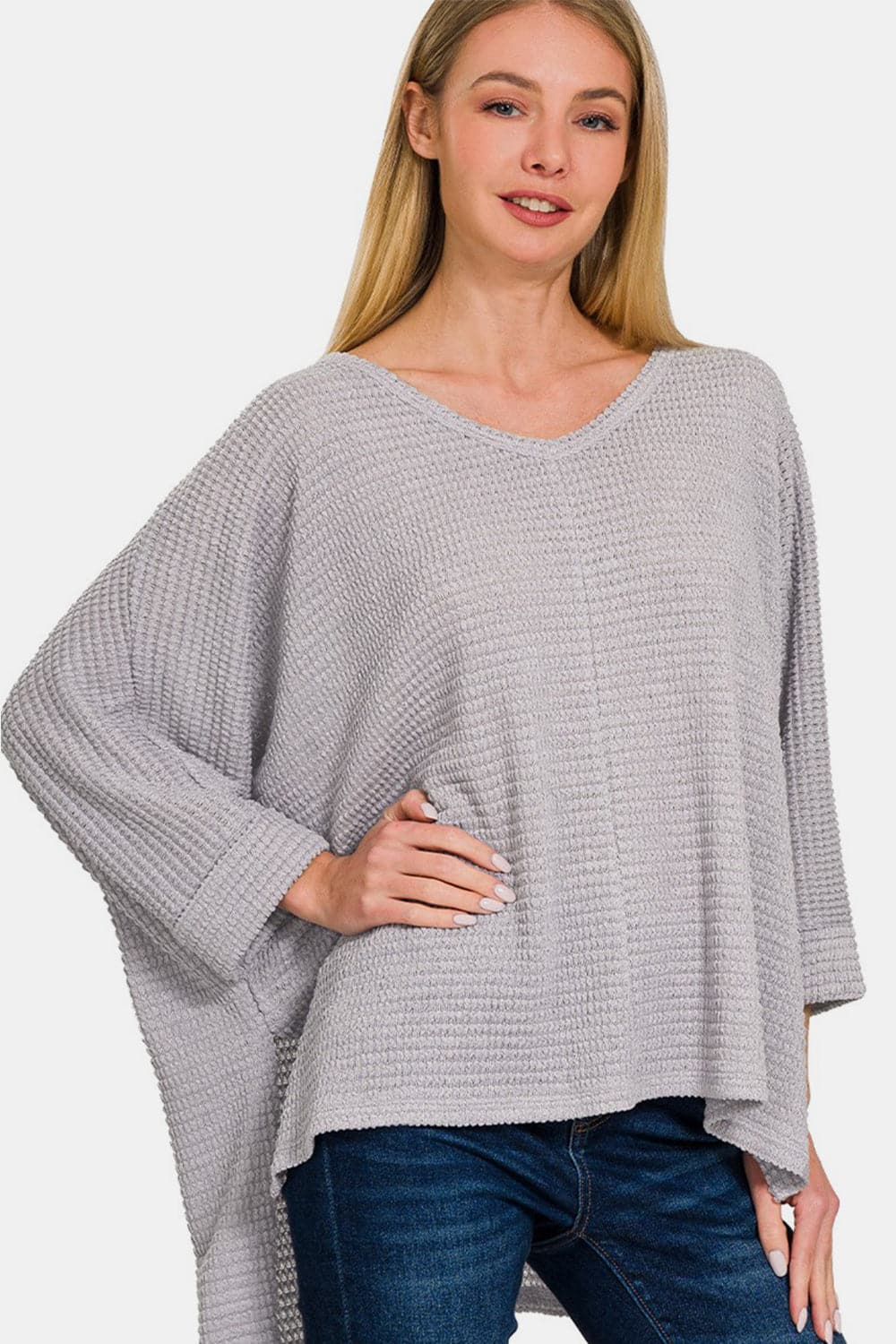 Zenana Waffle Knit V-Neck Long Sleeve Slit Top.