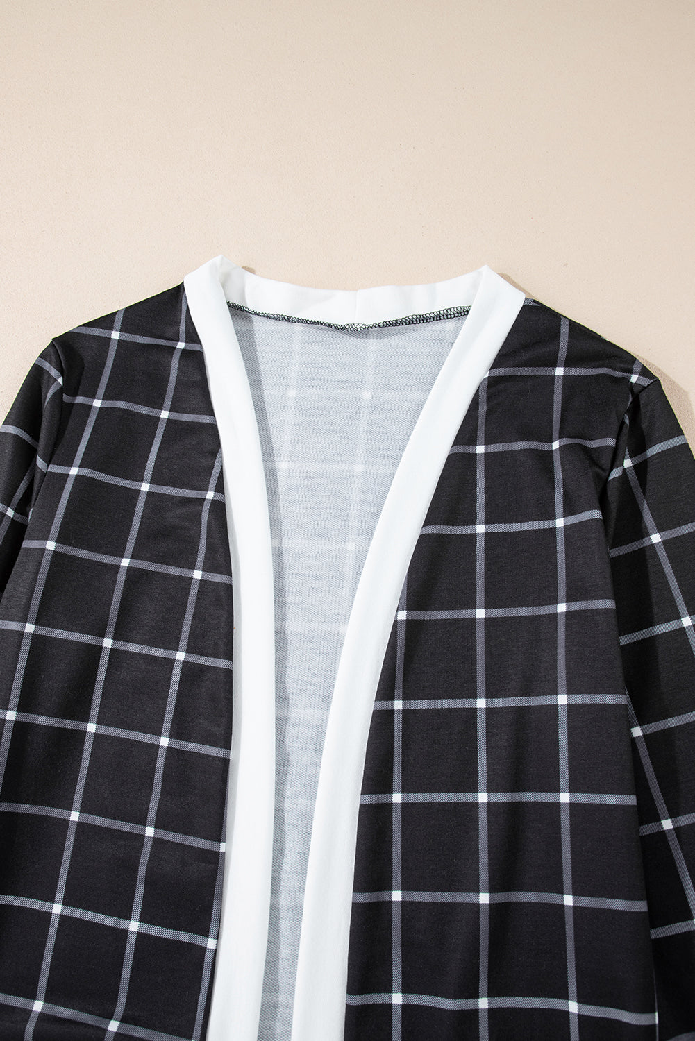 Plaid Colorblock Open Front Cardigan with Pockets in Black