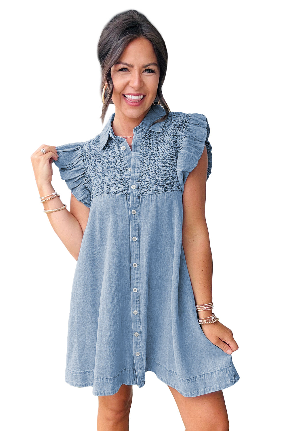 Beau Blue Flutter Sleeve Shirred Button Up Denim Mini Dress Divine Design4U