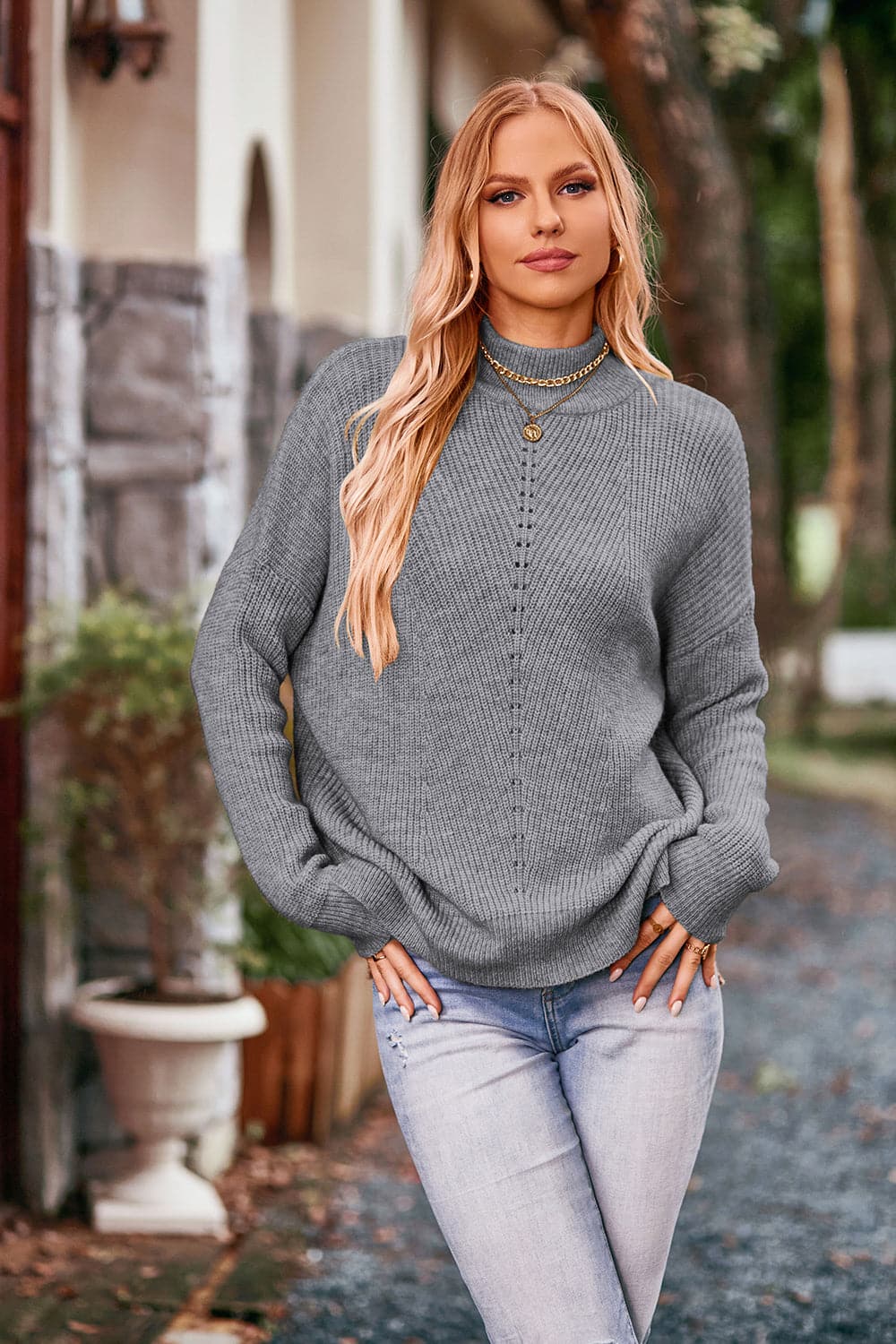 Mock Neck Rib-Knit Sweater.