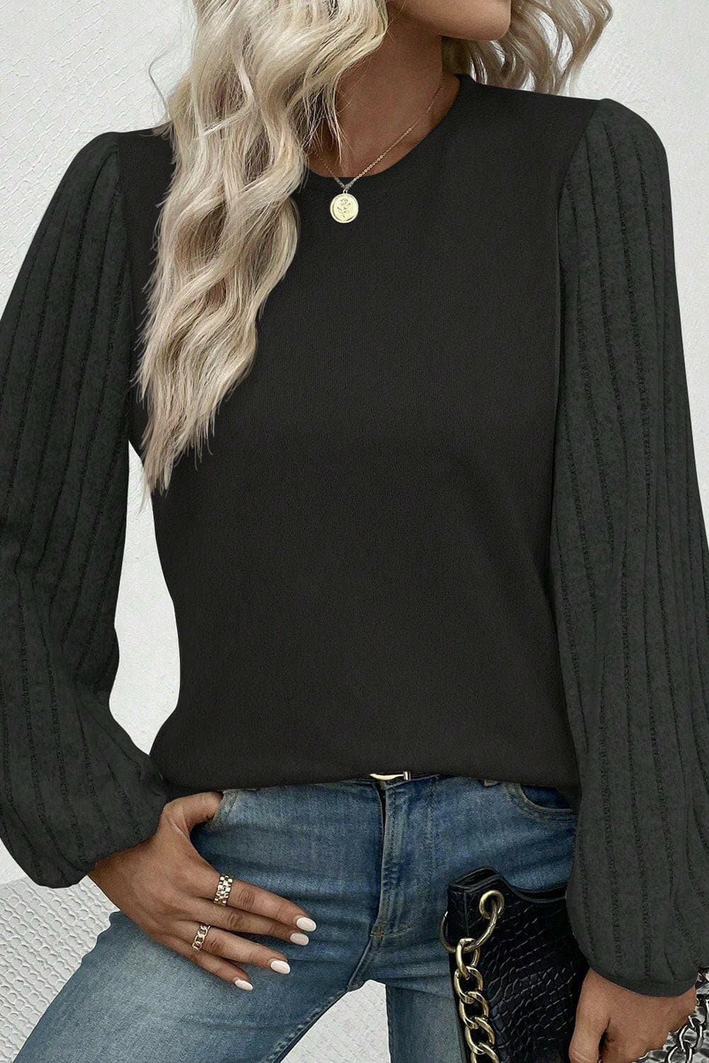 Ribbed Round Neck Long Sleeve Knit Top.