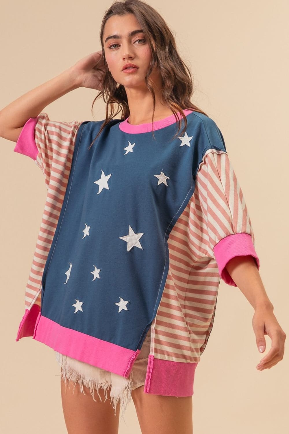 BiBi US Flag Theme Color Block Star Patch T-Shirt.