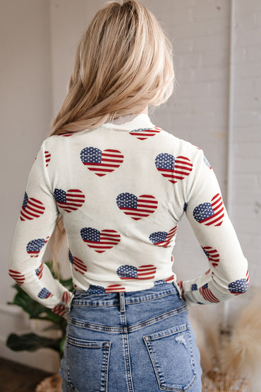 White Americana Glitter Mesh Long Sleeve Bodysuit for Women
