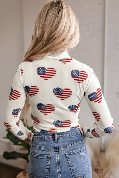 White Americana Glitter Mesh Long Sleeve Bodysuit for Women