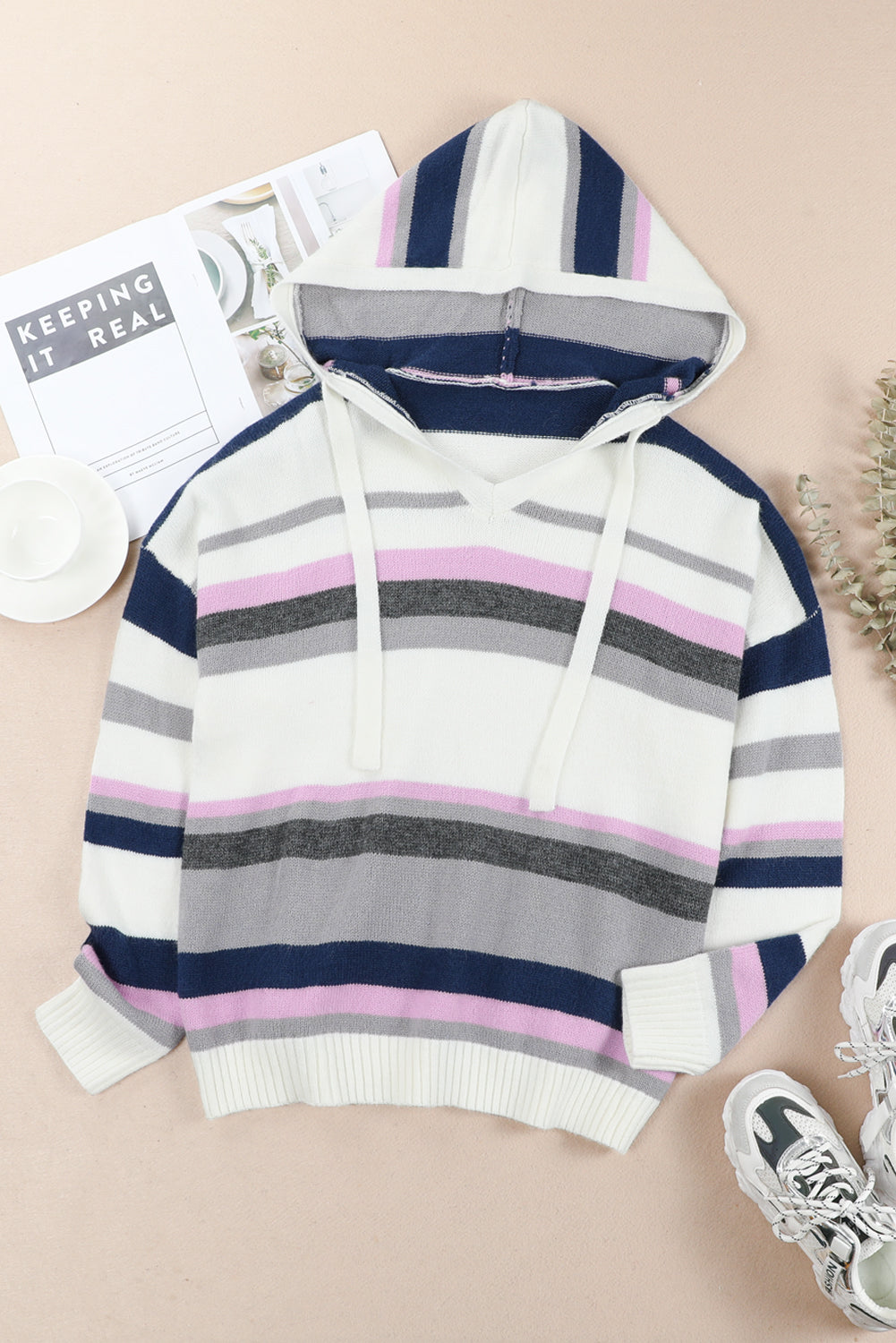 Cozy Plus Size Hooded Striped Knit Sweater