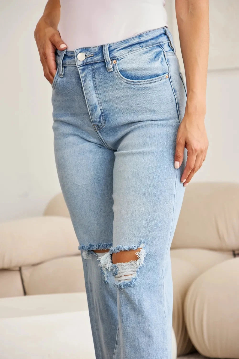 RFM Full Size Tummy Control High Waist Raw Hem Distressed Jeans Coco’s Tee Boutique