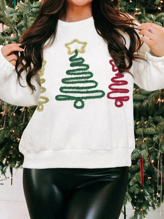 Christmas Tree Embroidered Round Neck Sweatshirt For Women Simply Love