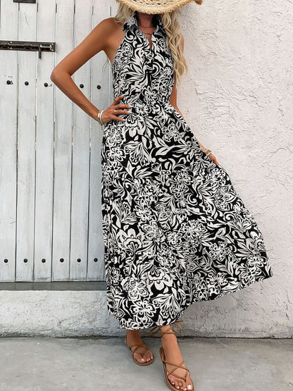 Backless Smocked Printed Sleeveless Midi Dress.