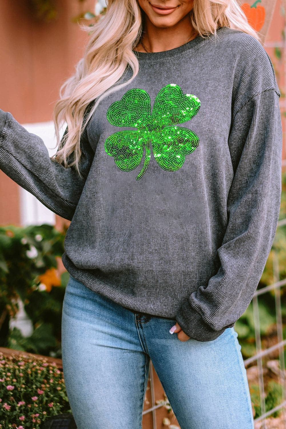 Lucky Clover Sequin Round Neck Sweatshirt.