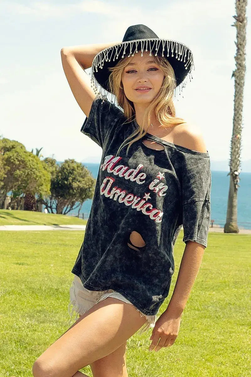 BiBi Laser Cut Mineral Washed America Print Top - Love Salve 