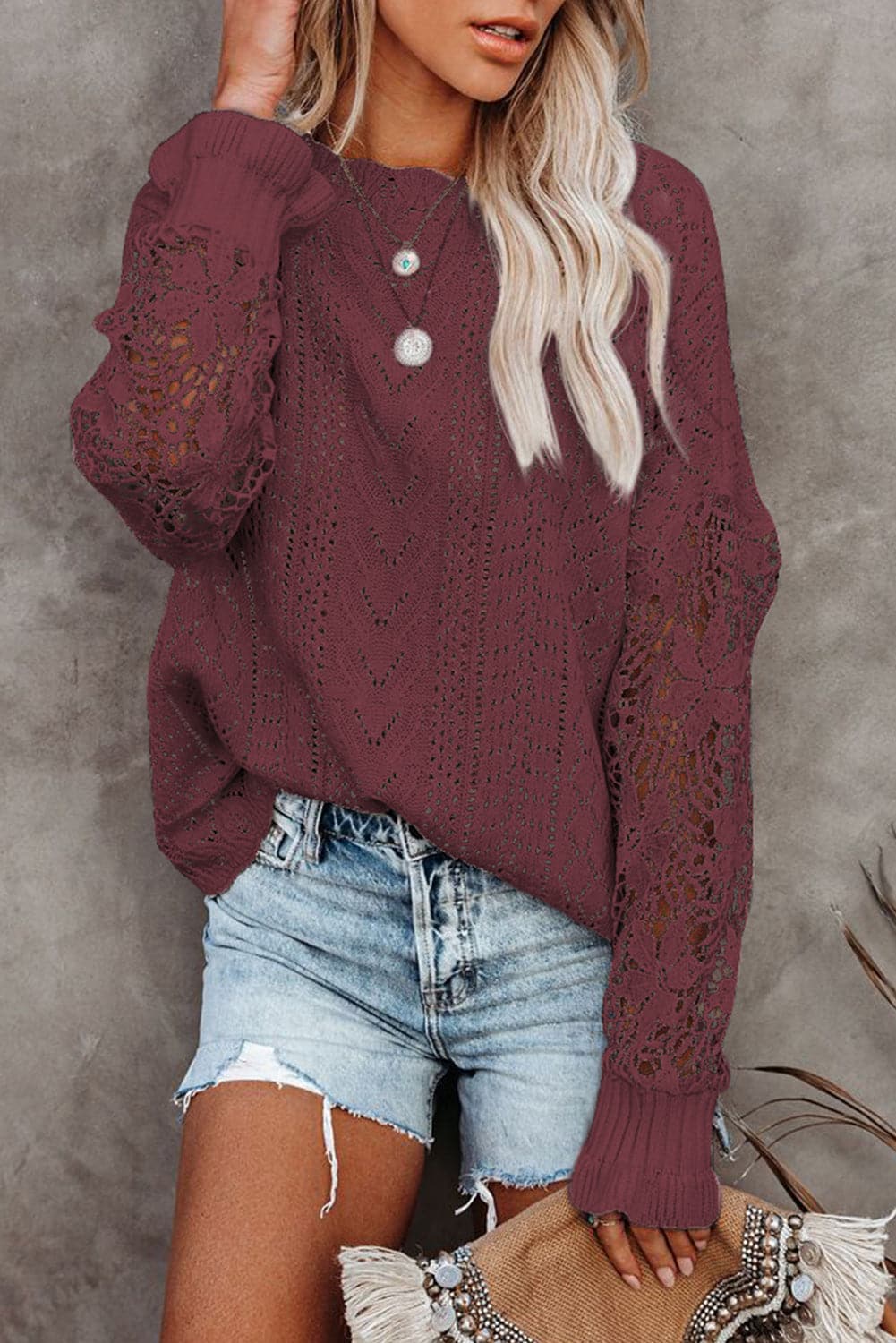 Openwork Lantern Sleeve Dropped Shoulder Sweater.