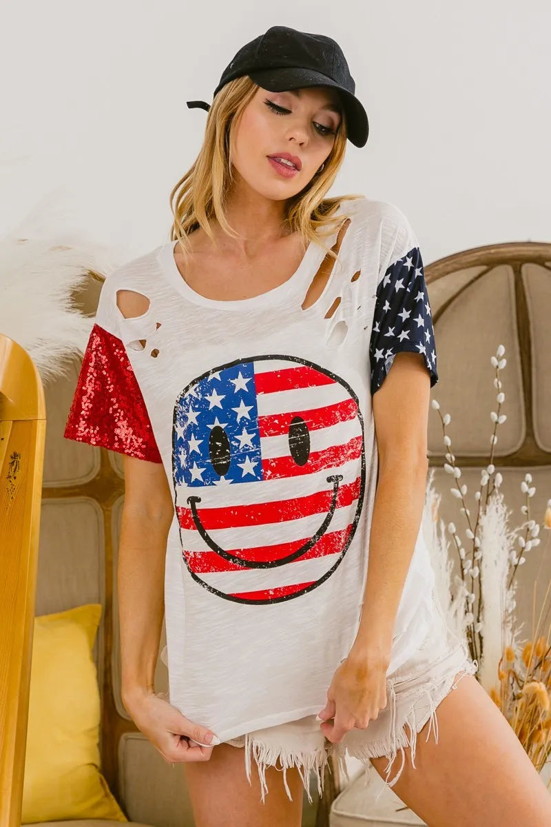 BiBi Fourth Of July Top With Laser Cut And Smile Face - Love Salve 